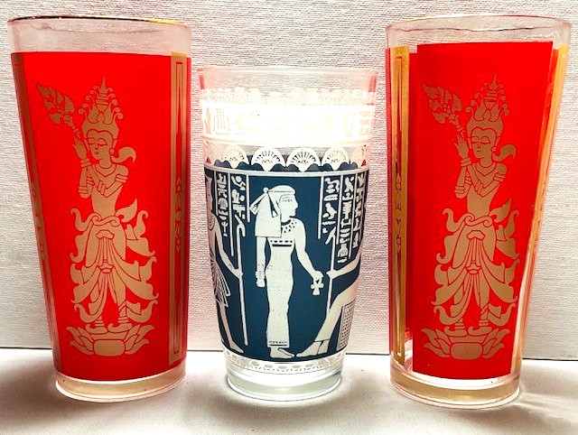 Vintage Thai Goddess/Egyptian Motif Tumbler Glasses 3pc. Set