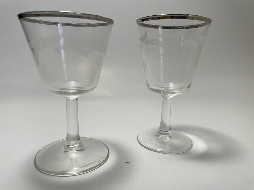 Cordial Liquor silver rimmed glasses Laurel Leaf Etched Set of 2
