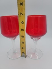 2 Vintage Saski Ruby Red 6.75″ CORDIAL Wine Glass w/Clear Stem Glows W 365uv