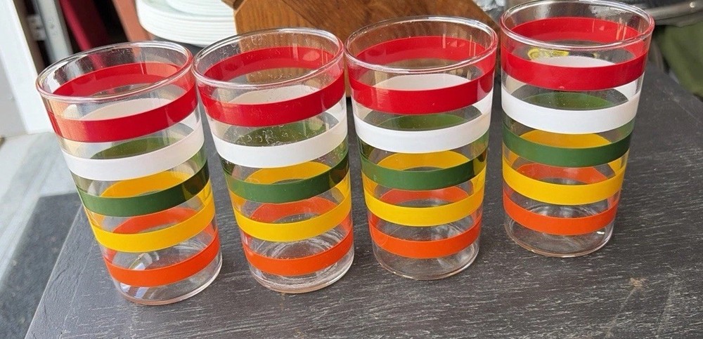 Vtg Hazel Atlas Fiesta Stripe Red White Green Yellow Orange Drinking Glasses