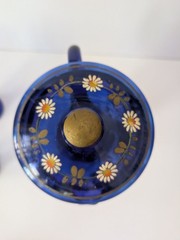 Antique Bohemian Czech Cobalt Blue Glass Pitcher Tumbler Set Parrot Bird Flowers