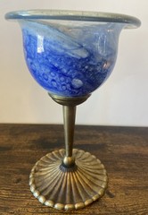 Cobalt Blue Hand Blown Goblet Chalice Brass Stem DECORATIVE ONLY