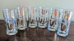 Vintage Mid Century Set Of 6 Gold Embossed Tumblers/Glasses w/Roosters 10 oz.