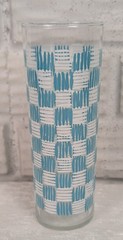 Vintage Atomic Turquoise White Hatch Pattern Tumbler Glass 7″ Mid Century MCM