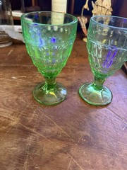 HAZEL ATLAS COLONIAL BLOCK GREEN URANIUM GLASS WATER GOBLETS SET/2