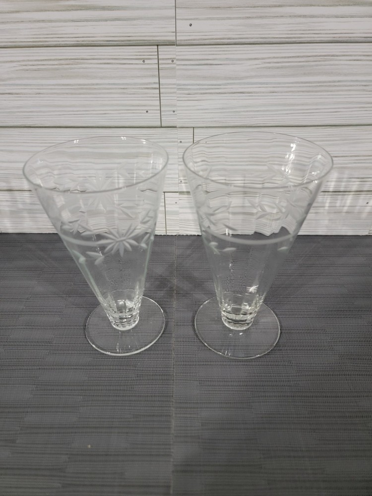 Vintage paneled optic footed tumbler etched glass set of 2