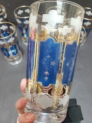 (7) Tumblers Coolers Highball Glasses 5-1/2″ mid-century blue gold white clear
