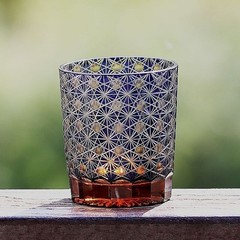 9oz Hand Cut Amber Blue Crystal Glass Whiskey Glass Tumbler Kiriko Drinkware NEW