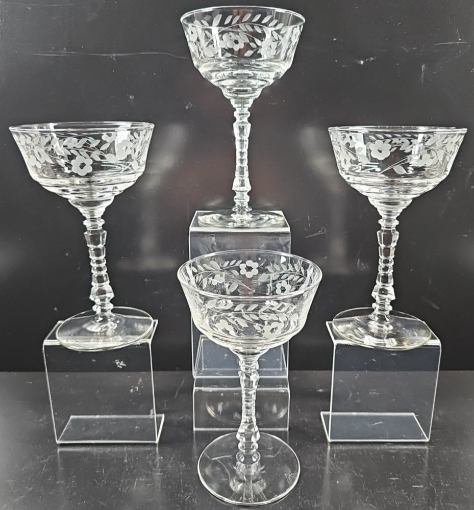 4 Rock Sharpe Halifax Champagne Sherbet Set Vintage Floral Cut Stemware MCM Lot