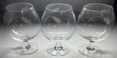 Set Of 3 Vintage Sasaki Etched Wheat Crystal Brandy Cognac Snifters Clear 4.5″