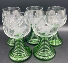 5 Etched Roemer Wine Glasses Hunting Birds Pheasant? Germany