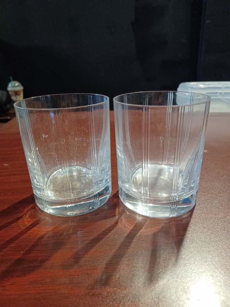 Pair of Mid-Century Style Etched Grid Whiskey Rocks Glasses