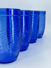 4 Sea Life Embossed Blue Glass Tumblers Seahorse Starfish Shell Fish Wavy Lines