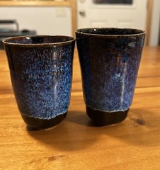Set of 2 Blue Black Ceramic Art Pottery Tumblers Round Drinking Cups