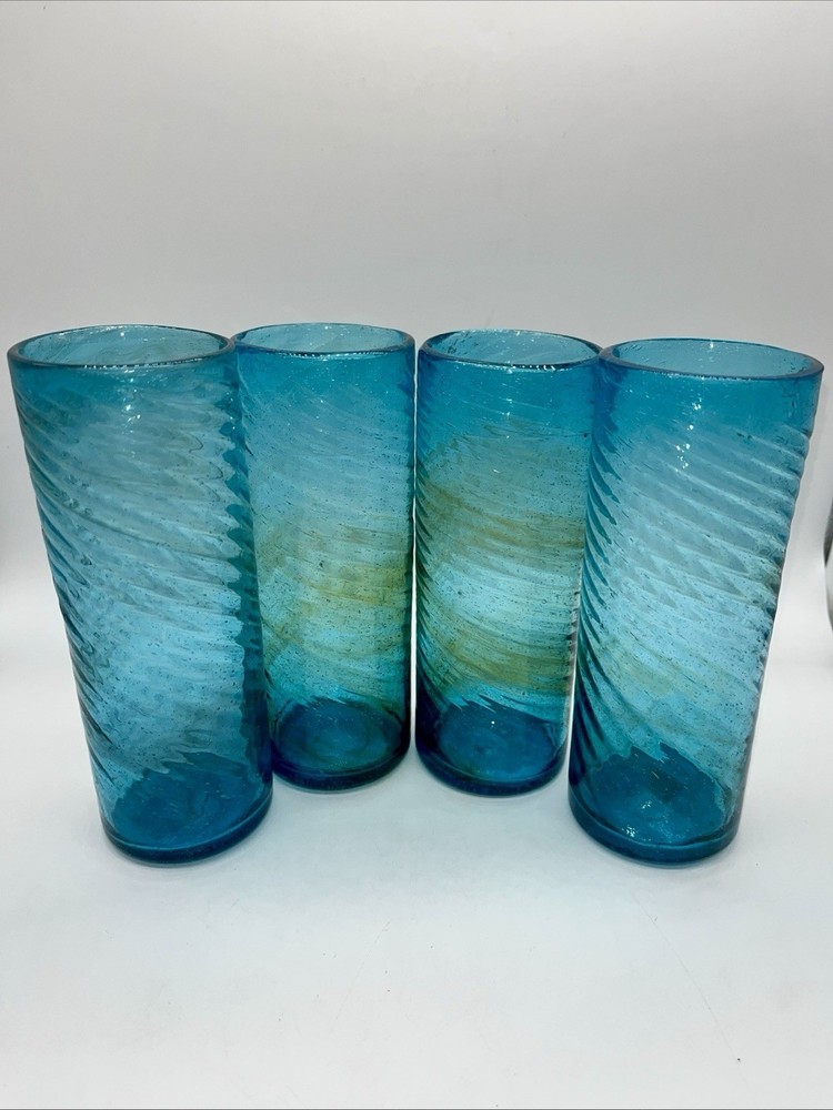 4 Vintage Handblown Turquoise Aqua Teal Blue Swirl Tall Drink Tumblers 12 oz