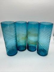 4 Vintage Handblown Turquoise Aqua Teal Blue Swirl Tall Drink Tumblers 12 oz