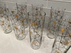 Set of 8 Tom Collins Cocktail Glasses Libbey Atomic Starburst Late 1950s MCM