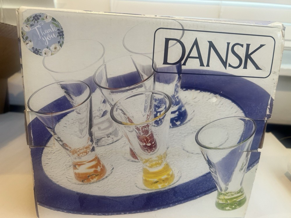 Dansk Vivacious Cordial Shot Glass 1.5oz Crystal Set 6 Multi Colored & Tray New