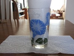 Vintage Boscul Morning Glory Peanut Butter Glass – Blue/White – Name at Top 5″