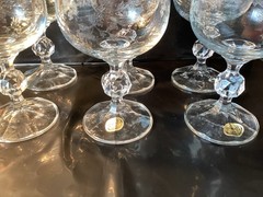 Bohemia Crystal Glasses Etched Faceted Ball Stem Gold Rim Set Of 6