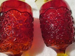 Smith Amberina Glass Water Goblet Daisy & Button Hexed Foot Circa 1940 – 1960