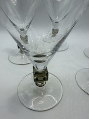 5 Clear Crystal 6 Oz Wine Glasses With Smoky/Tawny Brown Cube Stem Accent 5” EUC