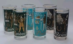 Vtg Libbey International Cities of The World S/8 Highball Glasses w/ Carrier