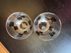Vtg MCM Atomic Starburst Whiskey/Dble Shot Glasses Gold &Black Barware Set of 2