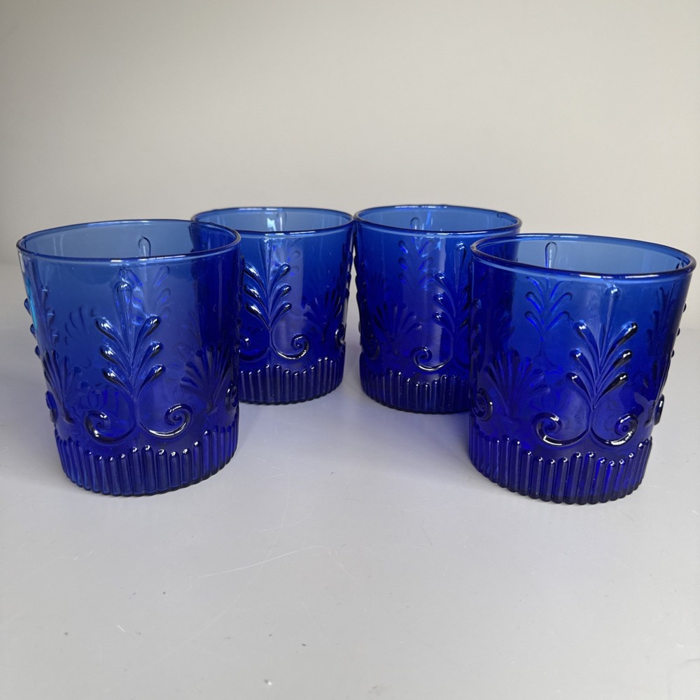 Set of 4 PILGRIM Glass ADAMS Cobalt DOUBLE OLD FASHION 16oz ROCK Whiskey TUMBLER