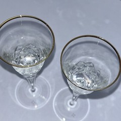 Christineholm Gold Rimmed Diamond Cut Crystal Cordial Glasses (2) Manganese Stem