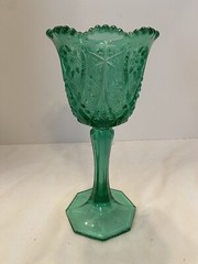 Vintage Green Kemple Glass Challice Goblet Hobstar Pattern Sawtooth Edge 9 3/8″T