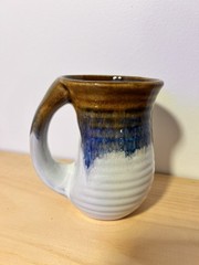 Art Pottery Wide Handled Mug Ribbed Design Blue, Brown, White