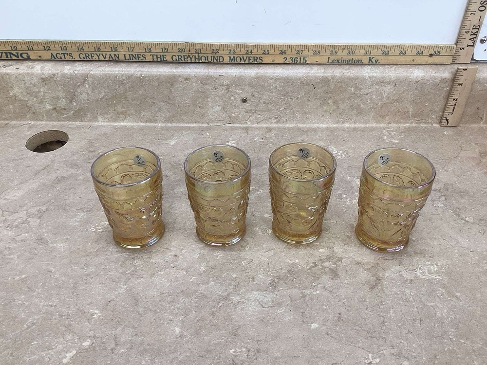 Vintage Fenton Carnival Glass Marigold Apple Tree Orchard Set Of 4 Tumblers Cups