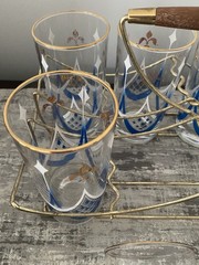 MCM Set 8 Highball Glasses with Gold Tone Wire Storage/Carry Rack
