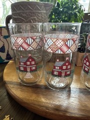 4 MCM Libbey Home Sweet Home Tumblers Country House Glasses Blue Red(maroon)