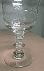 Elegant Etched Wine Goblet Glass Fern Floral Designed Annulated Knobs Bell Shape