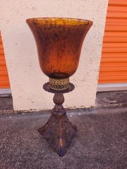 Large 23″ Tall Amber Tortoise Shell Glass VASE/Candle Holder. HEAVY Brass BASE