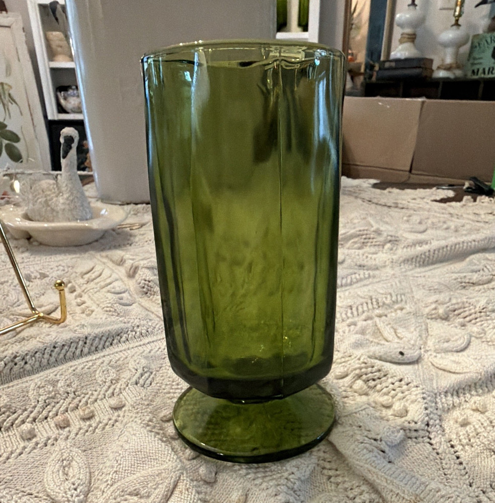 8 Indiana Glass Avocado Green Glasses Footed Tumbler MCM VTG Drink ware Mint