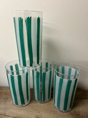 Set Of 4 Vintage Green Frosted Striped Thermo-Serve Glasses