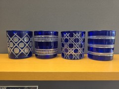 Vtg Set Of 4 Cut to Clear Cobalt Blue Glasses Lowball Whiskey Rocks Read