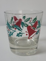 VTG Christmas Lowball Rocks Egg Nog Clear Drinking Glass 4 pc Bells & Holly 6 oz