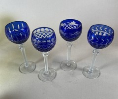 4 Cobalt Blue Cut To Clear Wine Glasses