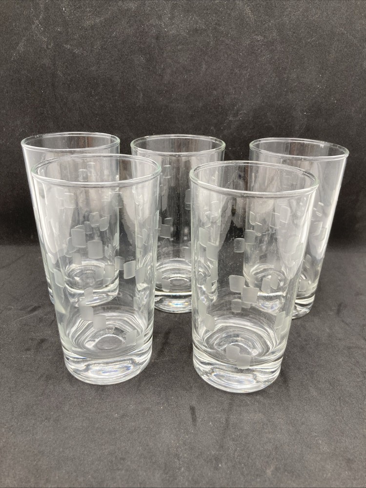 SET of 5 Anchor Hocking Cubist Etched 5 1/8” Tall 10 oz MCM Tumblers Glasses