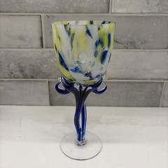 Jozefina Krosno Poland Blown Wine Glass Goblet Confetti Blue Jellyfish Base 9″