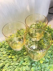 Set of 3 Vintage Amber Gold Lusterware Etched Circles Lowball Glass Tumblers 4″