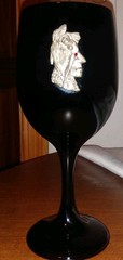 Unique Wine Glass/Goblet; Black; pic. of an Indian Chief, woman w/ red gemstone