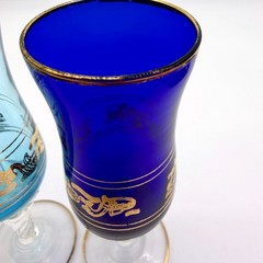 Cordial Glasses Set 2 Kamenicky Senov Czech Cobalt Aqua Gold Gilt Twist