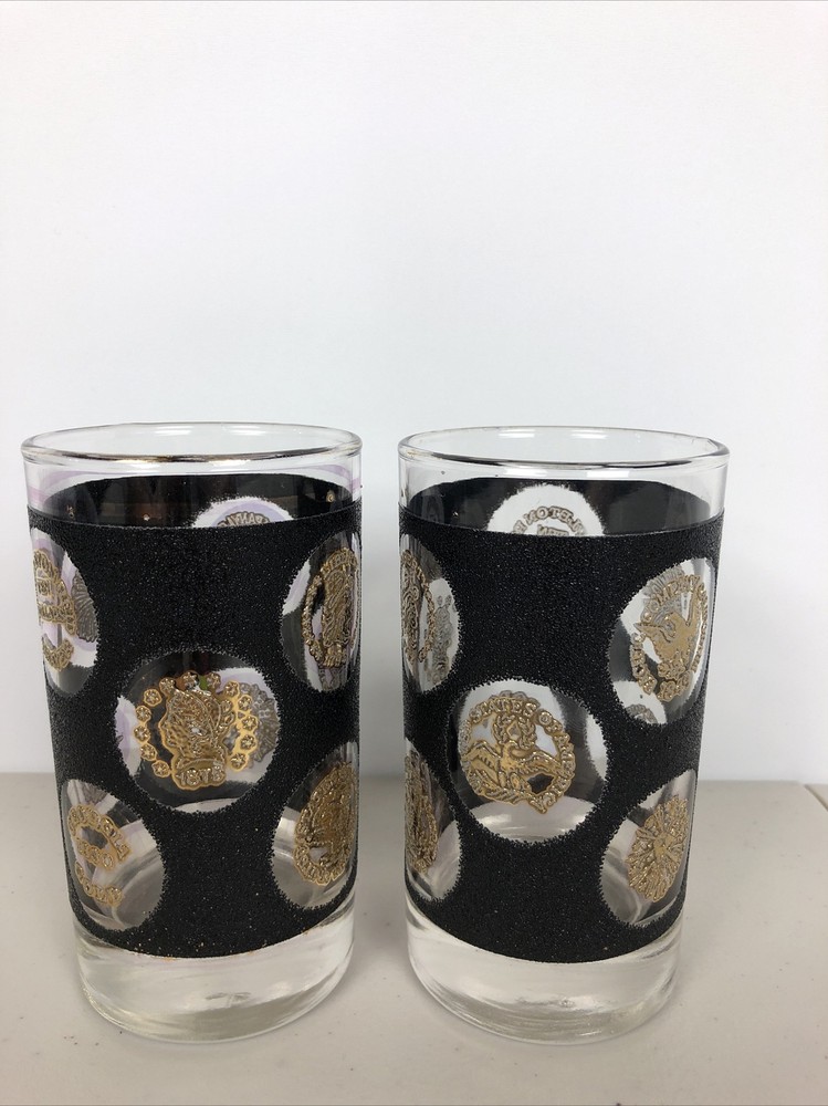 Set of 2 Vintage Mid Century Modern Black And Gold Glasses W/ Georgia Gold 1830