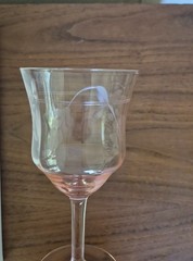 Pair 2-pink depression glass stemware vintage Goblets Etched. 6.5″