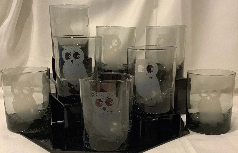 MCM Smoke Gray 4” On The Rocks Glass Owl on Branch w/Moon Stars – Set of 8